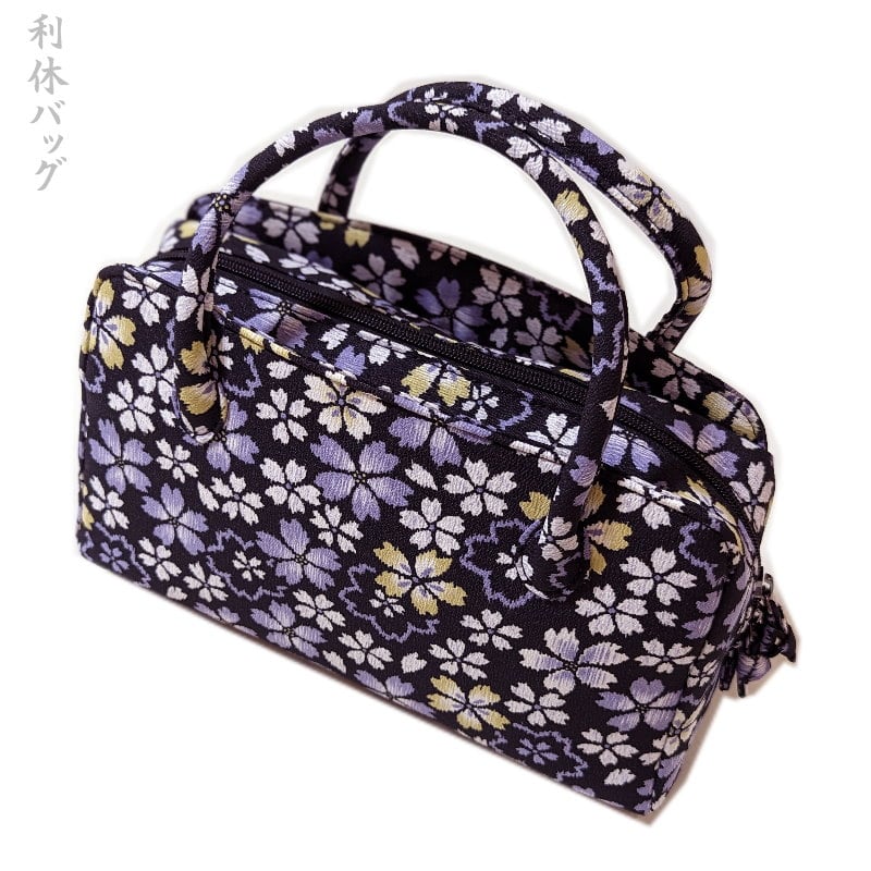 利休バッグ 和装バッグ 着物 バッグ（黒 桜柄） お洒落着 小紋 手提げ