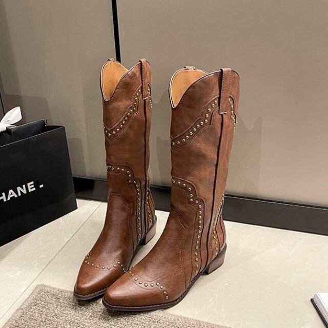 予約販売】ブーツ レディース ブラウン ウエスタンブーツ レザー