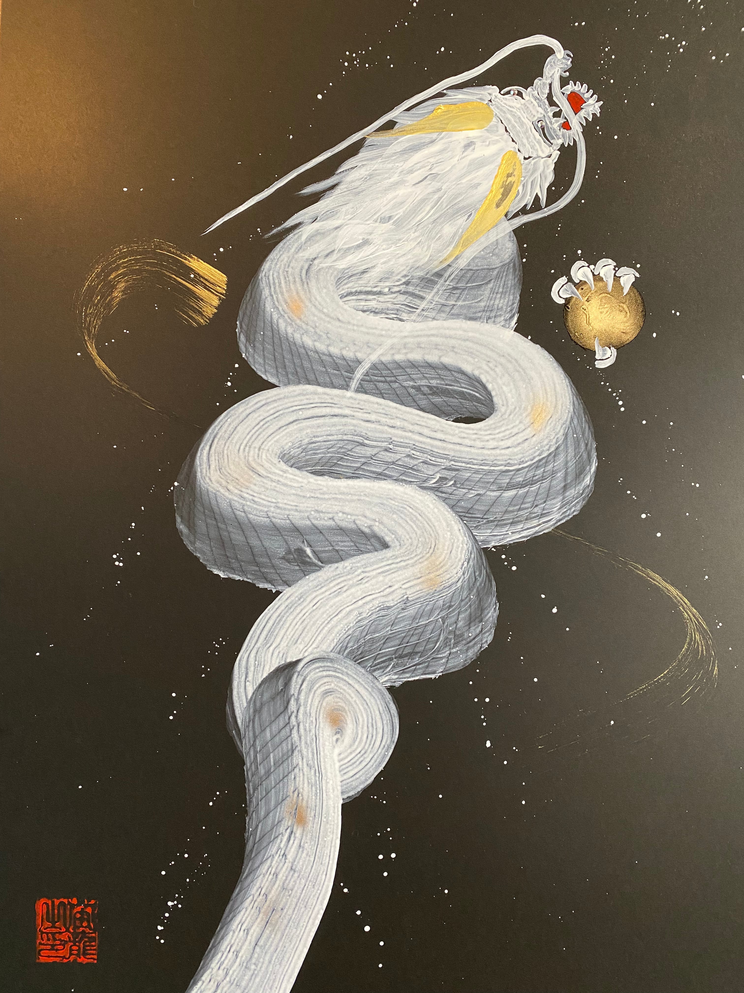 一筆龍『上昇白龍』☆龍と天然石を身近に感じるアート・絵画 A3サイズ