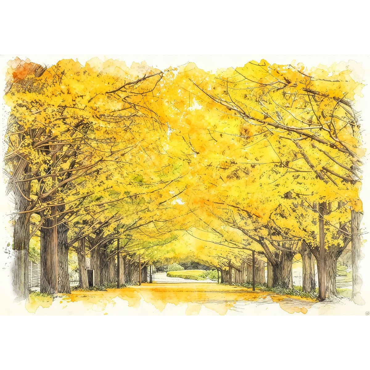絵画 日本 東京都 昭和記念公園 イチョウ並木 風景画 インテリアアート
