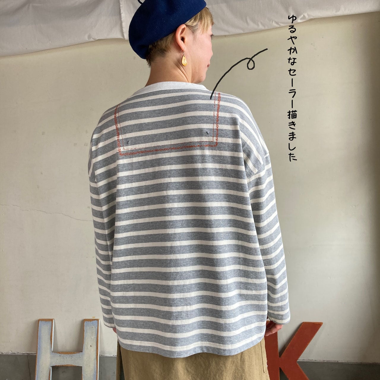 HAYATE セーラーボーダー Tシャツ プリントのセーラー衿 長袖Tシャツ