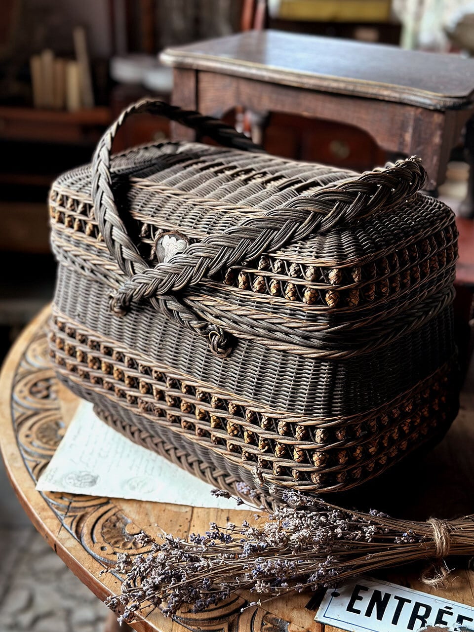 フランス アンティークパニエ バスケット ブラウン 籠 サックド