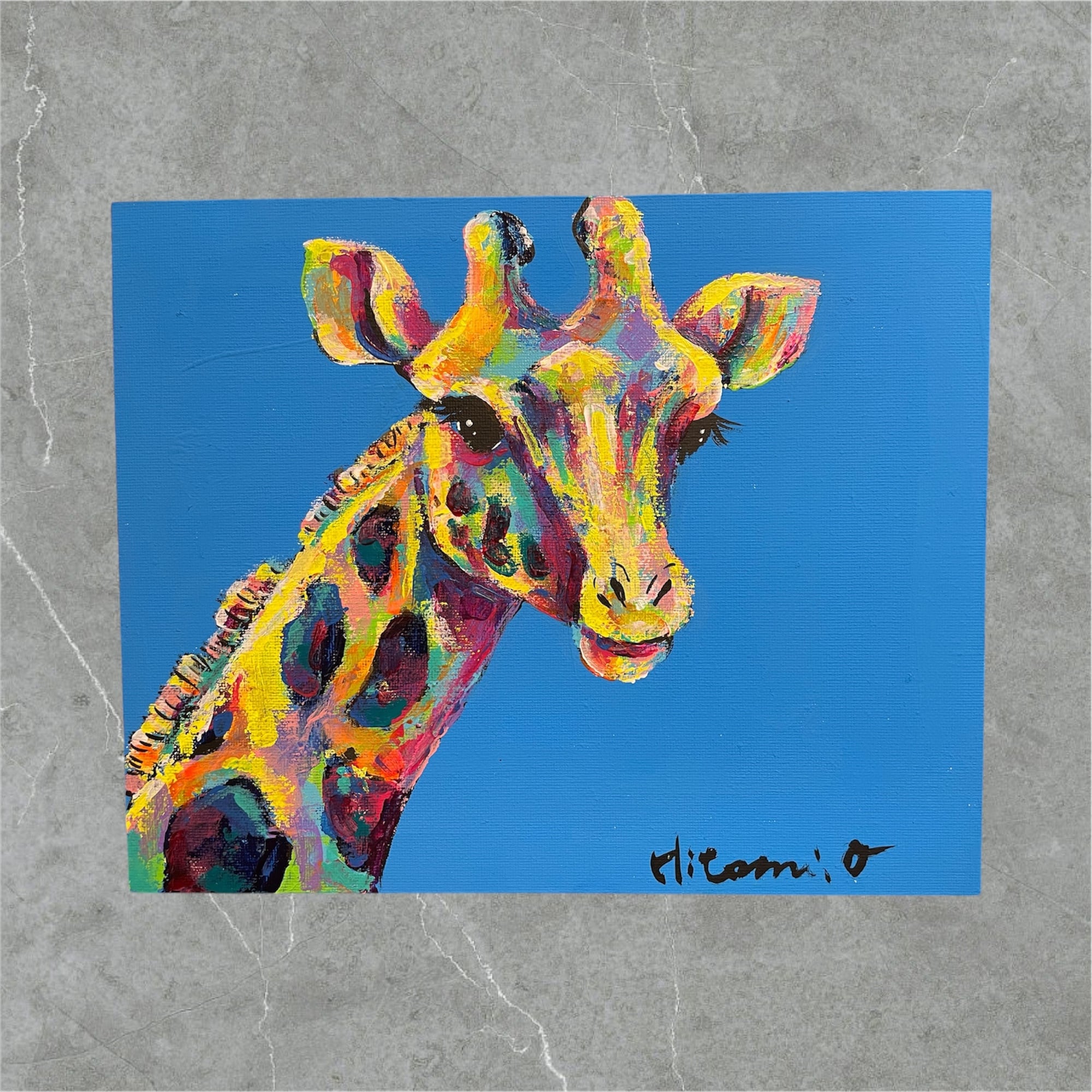 A-50/25】動物画 原画 キリン 絵画 キャンバス 真作 インテリア 作品