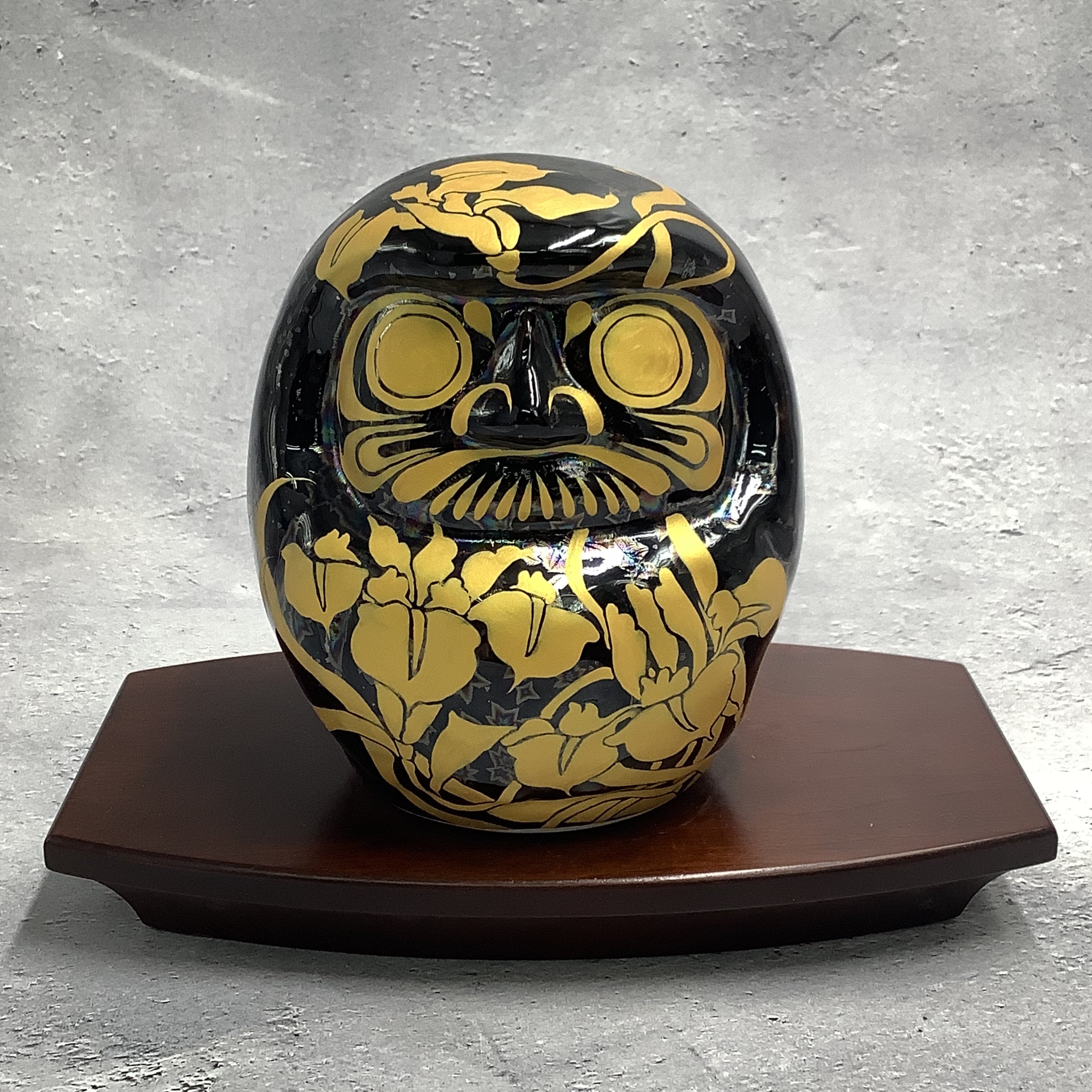 新作】達磨 ダルマ （中）星結晶（黒）×金彩 菖蒲 置物オブジェ | 京焼
