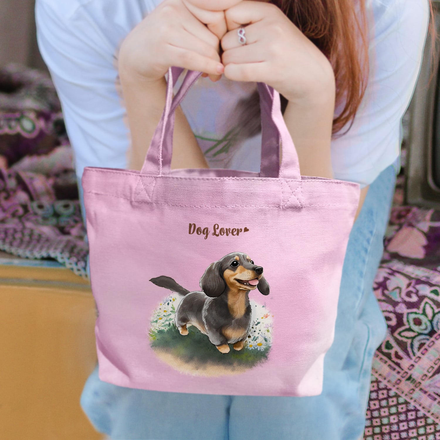 自然に囲まれた ダックスフンド 】 ミニキャンバス トートバッグ 犬