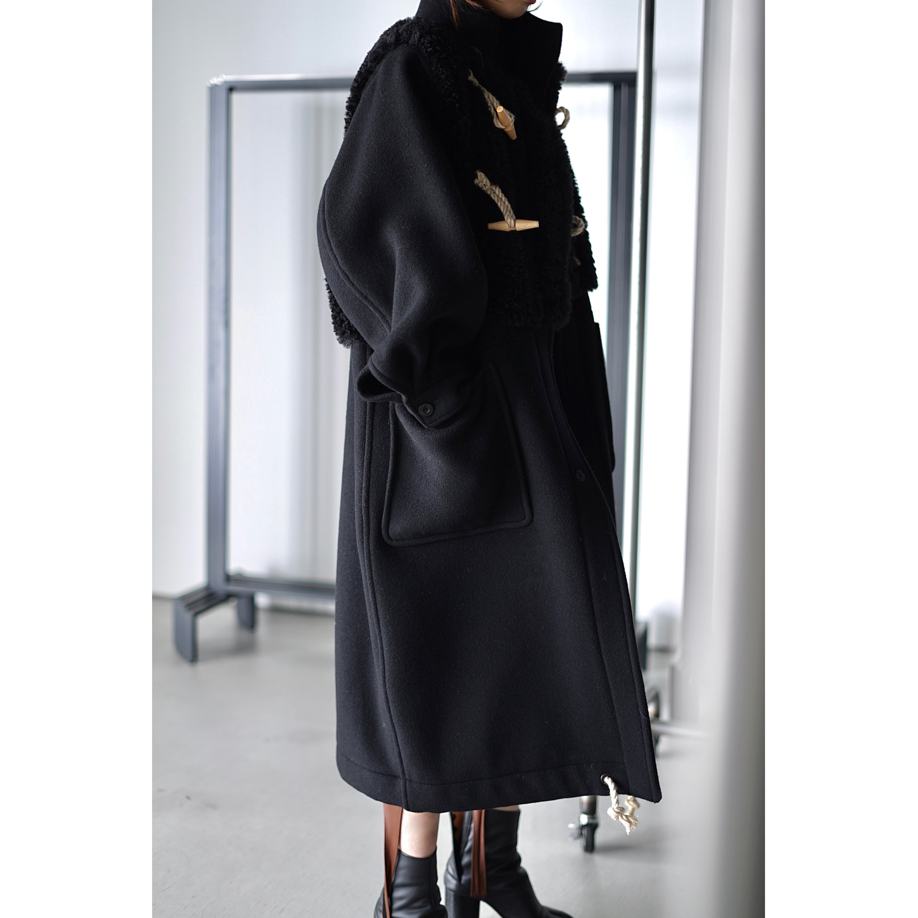 HYKE / DOUBLE FACE FAUX SHEARLING DUFFEL COAT (BLACK, BEIGE, CREAM