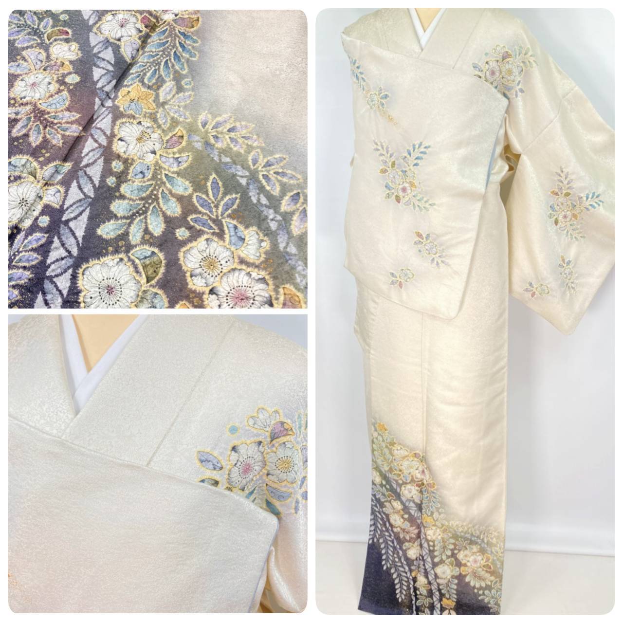 翠山工房 辻が花 絞り 金通し 訪問着 正絹 袷 白 紺 クリーム 1269