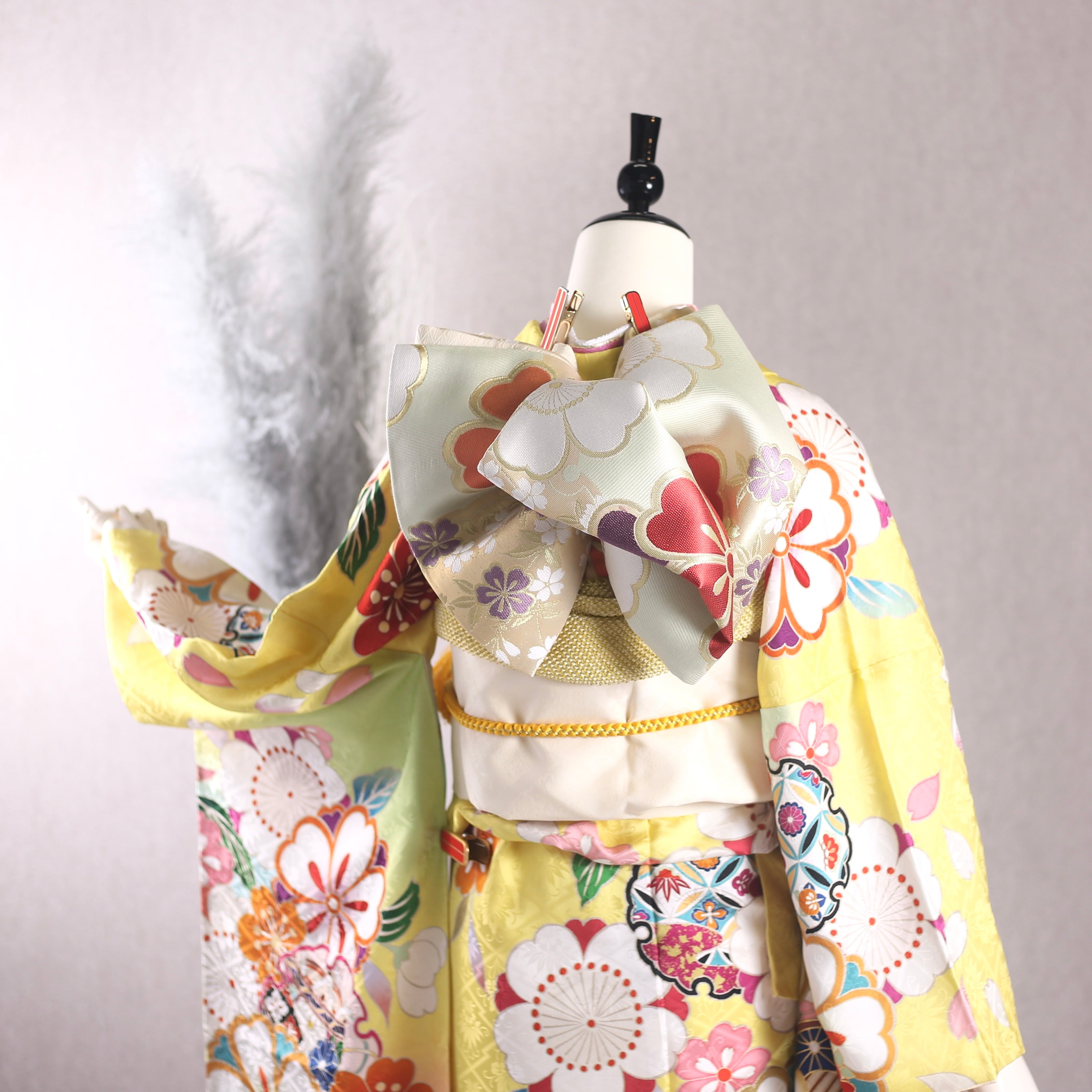 振袖フルセット 振袖セット 振袖 L〜LLサイズ 黄色×レトロポップ 美品