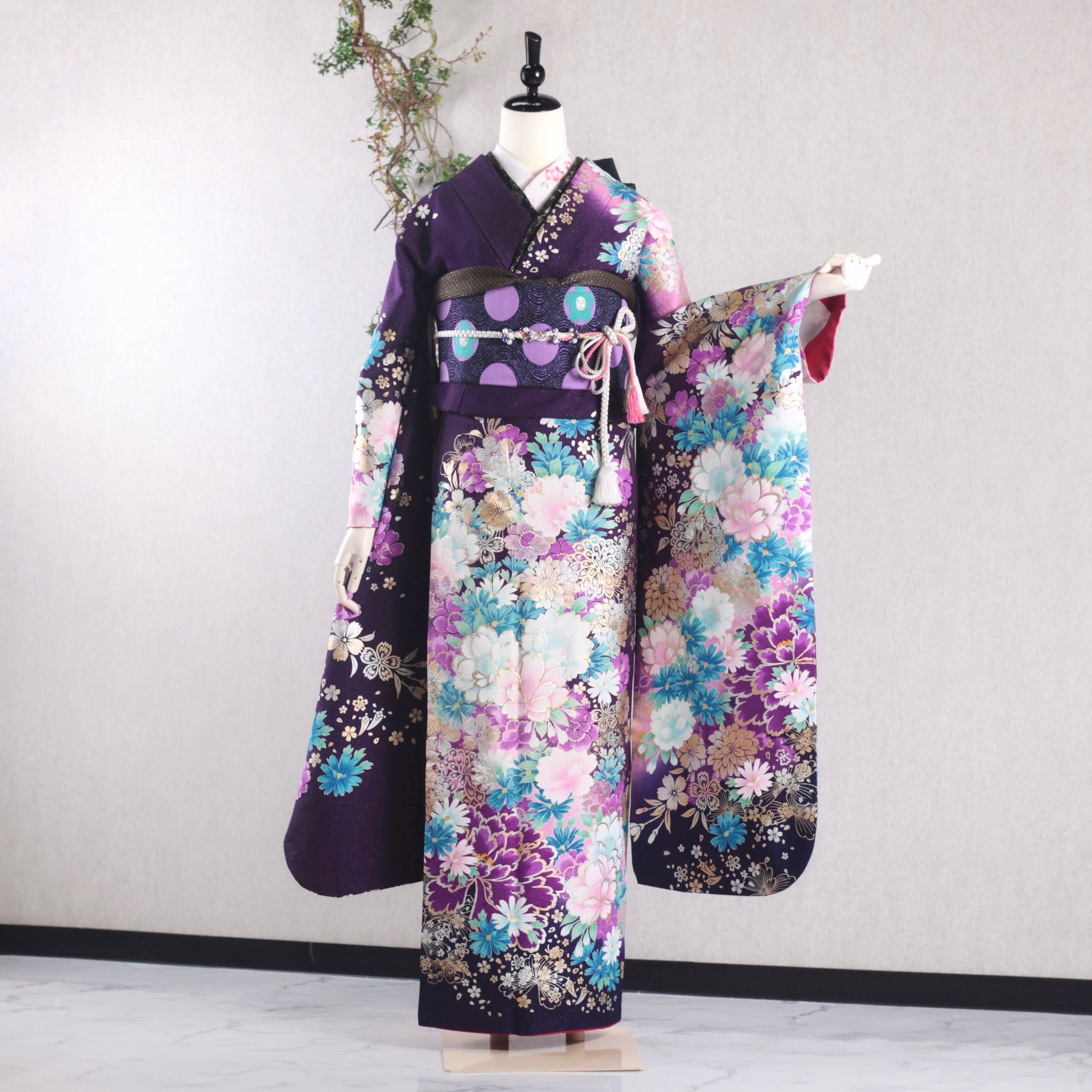 振袖フルセット 振袖セット 振袖 M〜Lサイズ 紫×桜 美品 成人式 着物