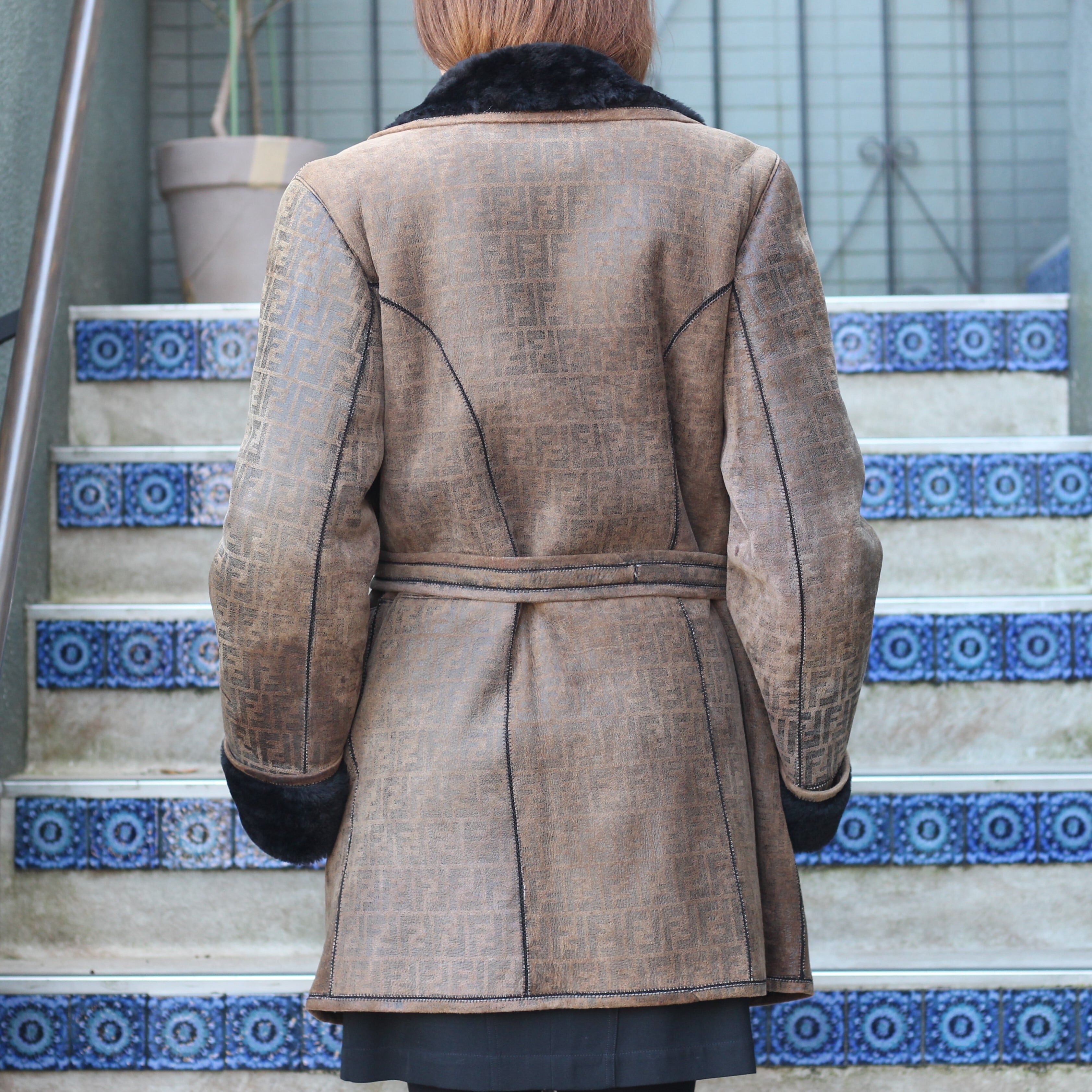 FENDI ZUCCA PATTERNED BELTED MOUTON COAT MADE IN ITALY/フェンディ