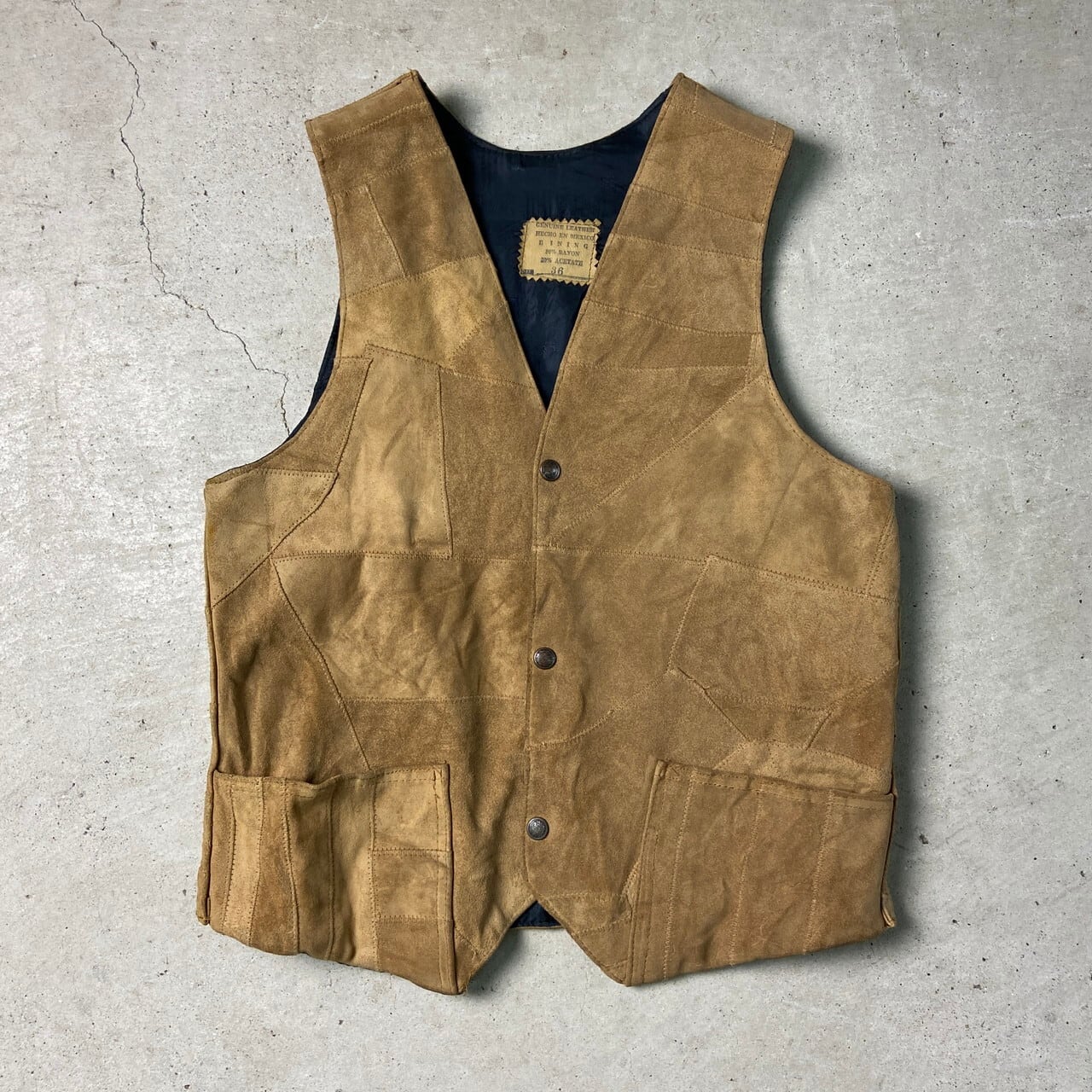 ヴィンテージ メキシコ製 ツギハギ パッチワーク ノーカラー スエード