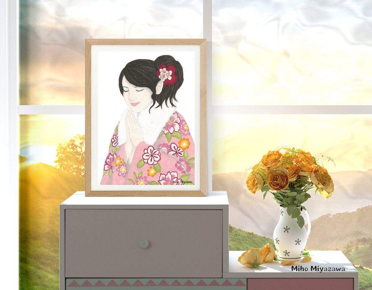 オリジナルイラスト原画：初詣着物 | 宮澤美穂 アートワークショップ