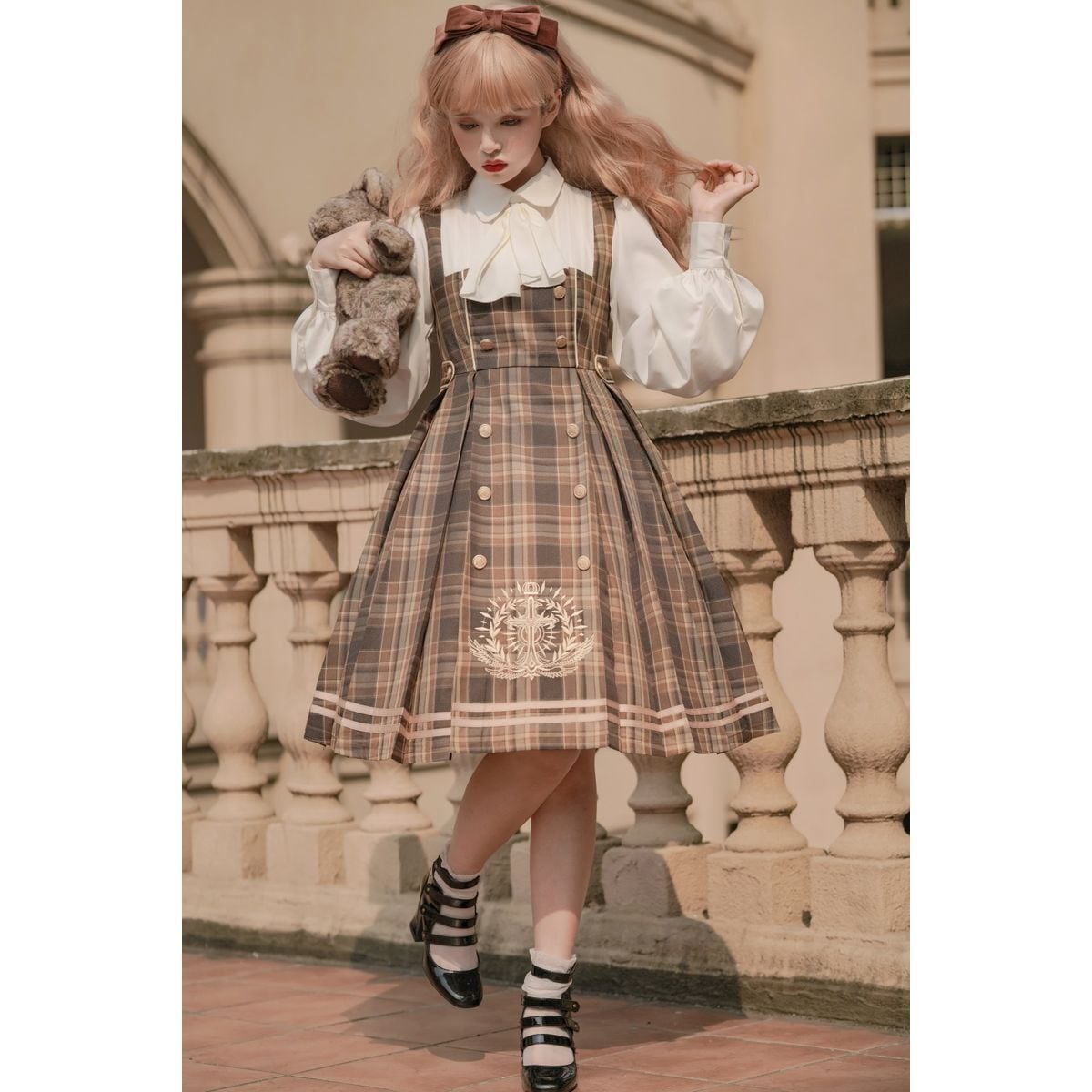 即納】探偵風ケープ付きダブルブレストワンピース：グレーM、グレーL