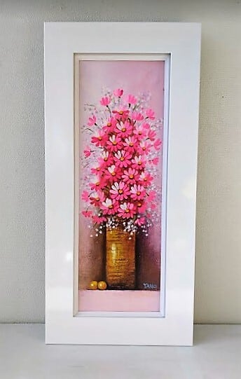 矢野恵子 「赤い花」 油彩画 額縁外寸27.0x56.5x4.5cm 絵16.0x45