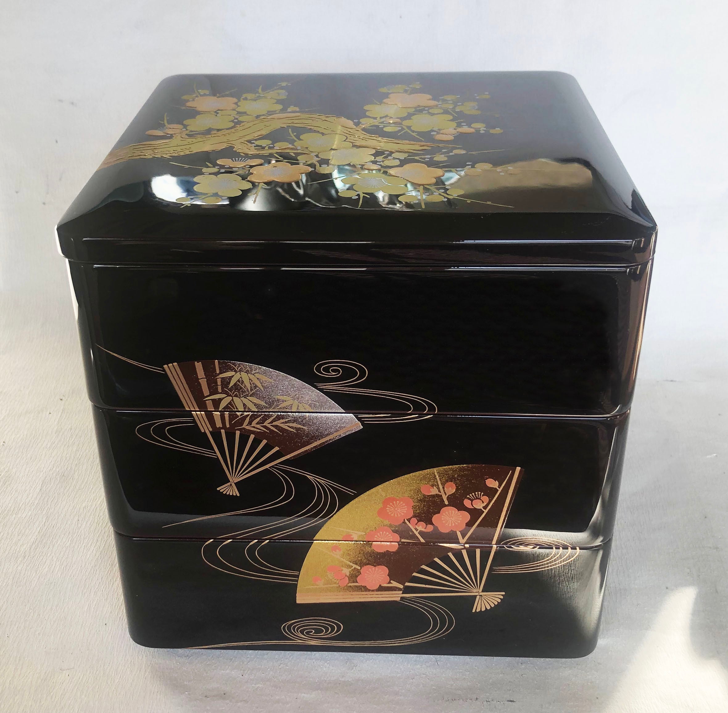 重箱 おせち 三段重 木製扇面花丸松竹梅蒔絵 溜内朱 6.5寸 20cm 漆器