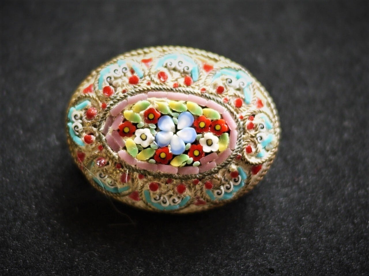 イタリア アンティーク マイクロモザイクブローチ ローマンモザイク