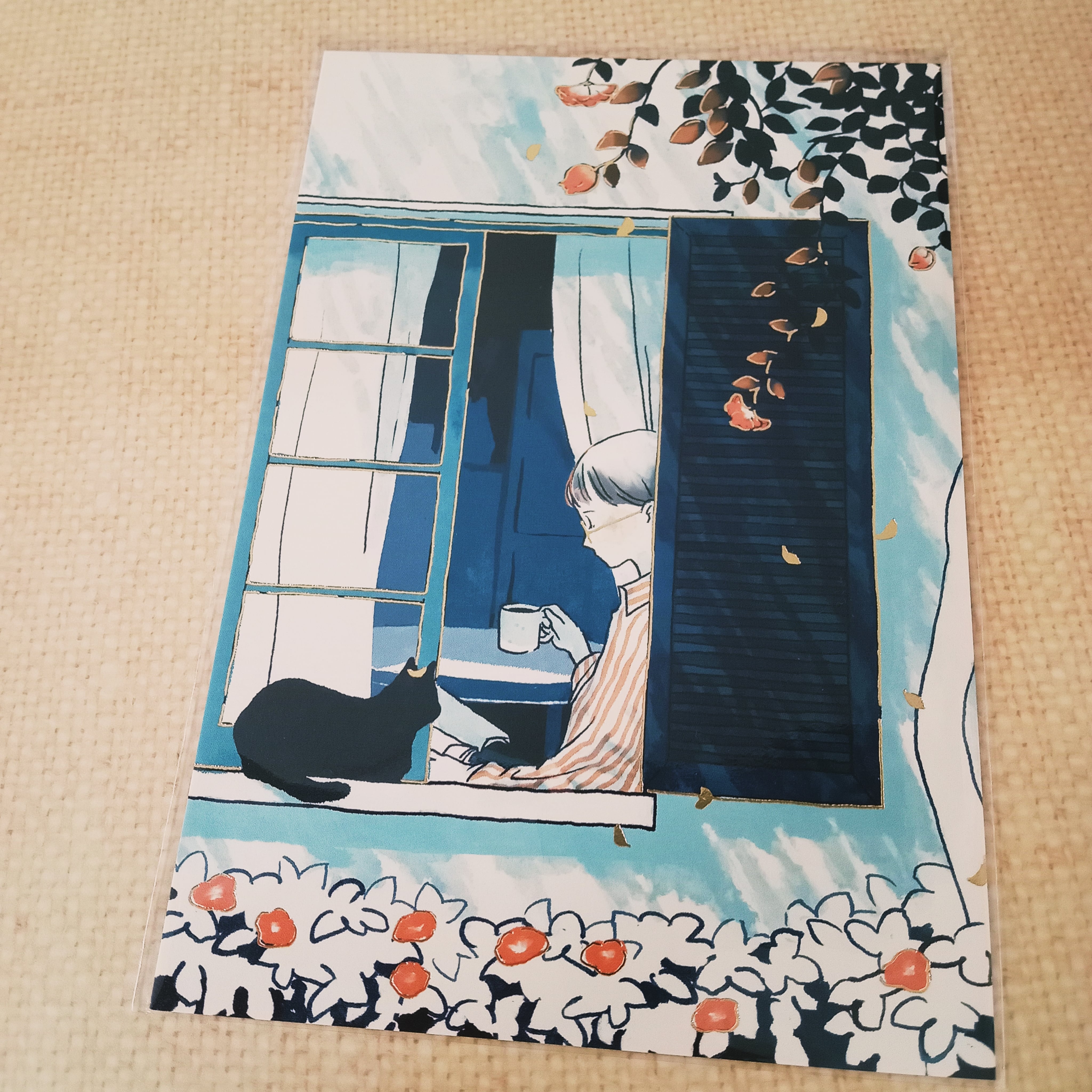 藤巻佐有梨 箔押しポストカード 窓辺、コーヒー | てんくーどう