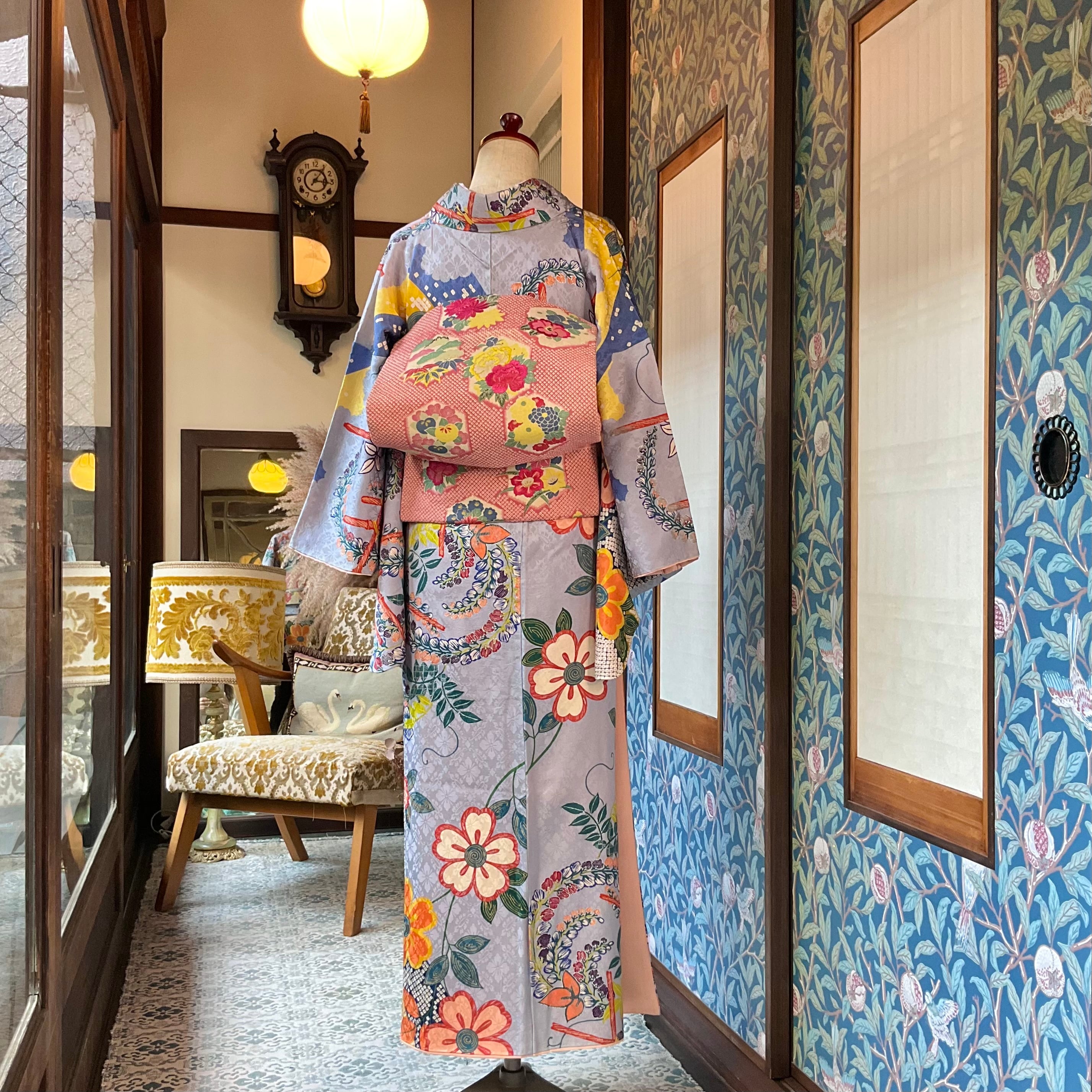 霞空に藤と桜＊水色 ブルー 春 花 アンティーク小紋着物 B056 | kimono