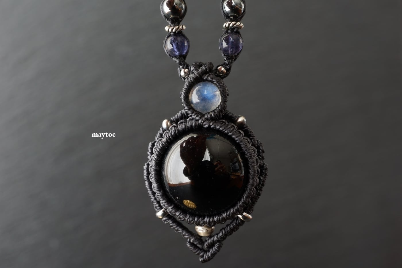 チベット産モリオン(黒水晶)のマクラメネックレス ‐ 漆黒 -【紐色