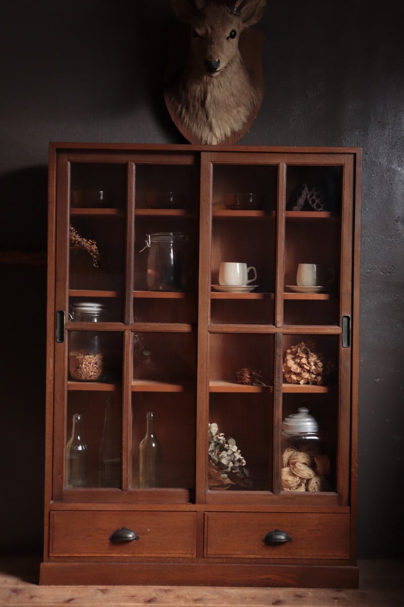 №416 雰囲気良い木製ガラス戸棚 食器棚 陳列棚 収納棚 アンティーク