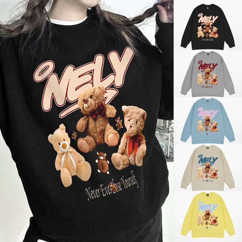 ユニセックス スウェット 長袖 クマちゃんぬいぐるみ プリント 裏起毛