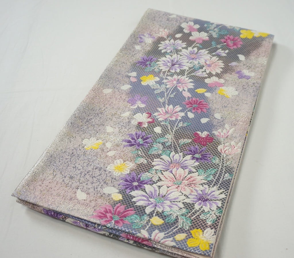 やまと金ラベル 3点セット 振袖 袋帯 襦袢 桜 蝶 正絹 紺色 028