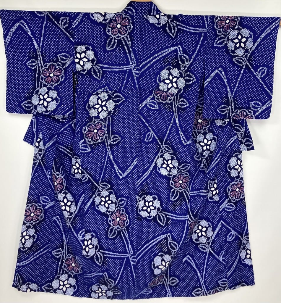 有松絞り【浴衣】美品 花柄 夏着物 綿 有松鳴海絞り 紫 黒 ブルー