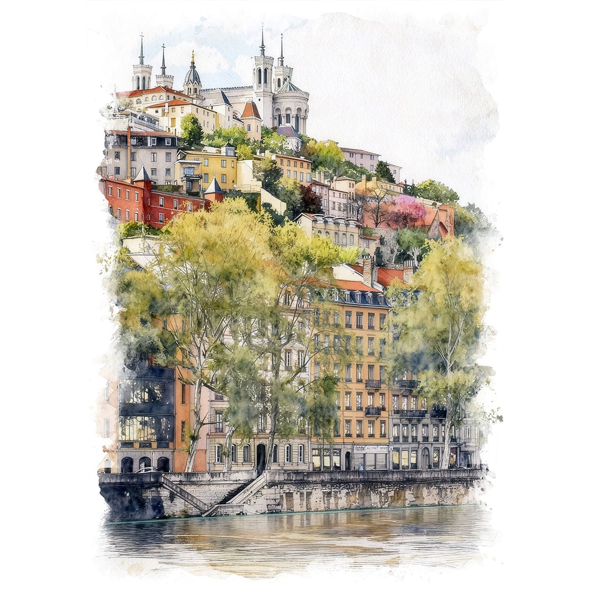 絵画 フランス 風景画(街並み) リヨン フルヴィエールとノートルダム大