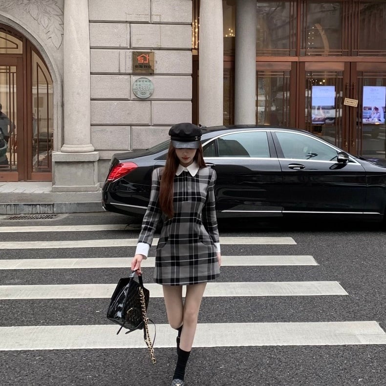 dress】襟付きチェック柄長袖ミニワンピース SJ1006 | BeautyYouStyle