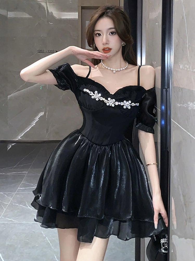 オフショルダーふわふわプリンセスブラックミニドレスワンピース