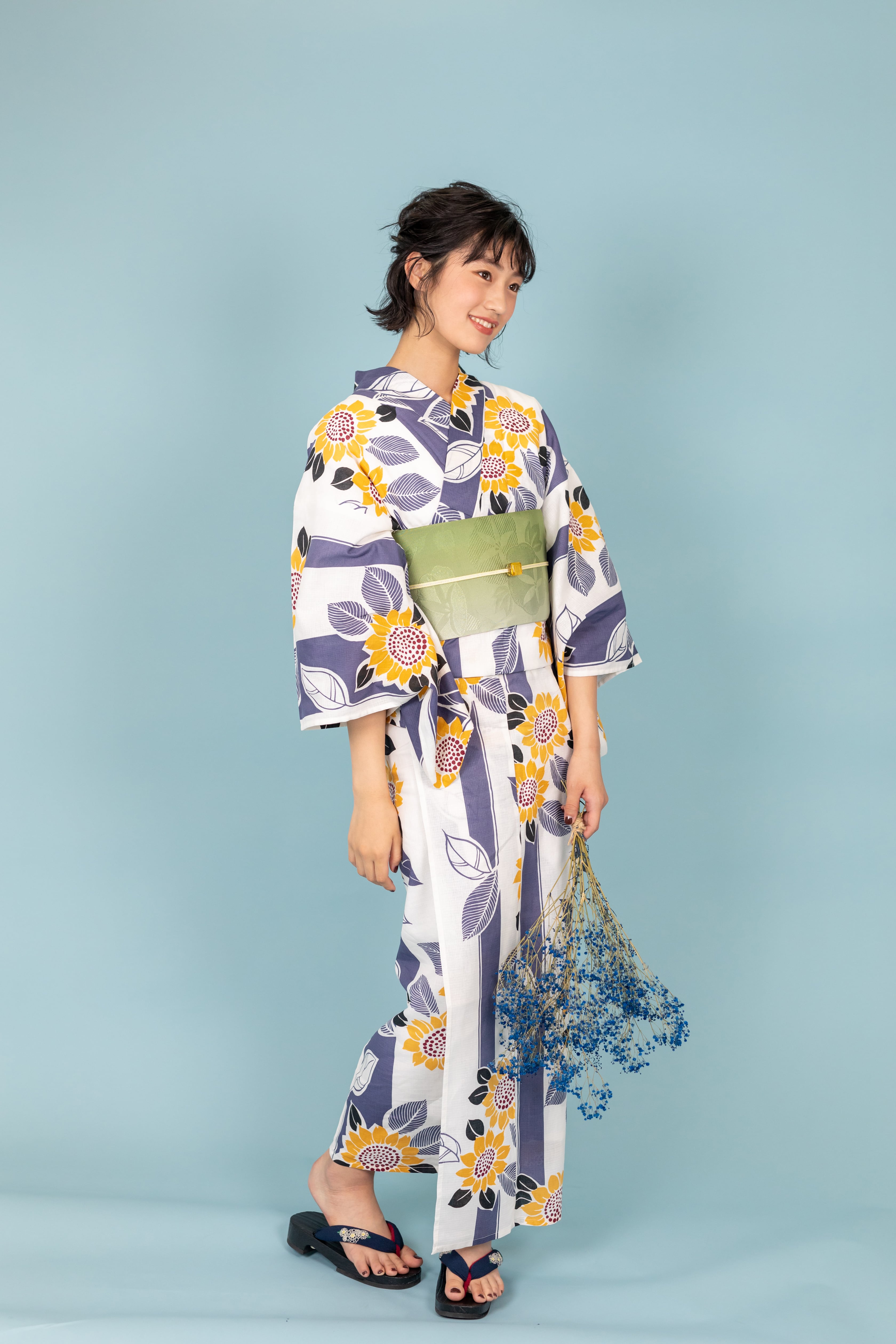 浴衣 単品（レトロ ひまわり 黄色 水色 白） | KIMONO CHOYA［きもの蝶屋］