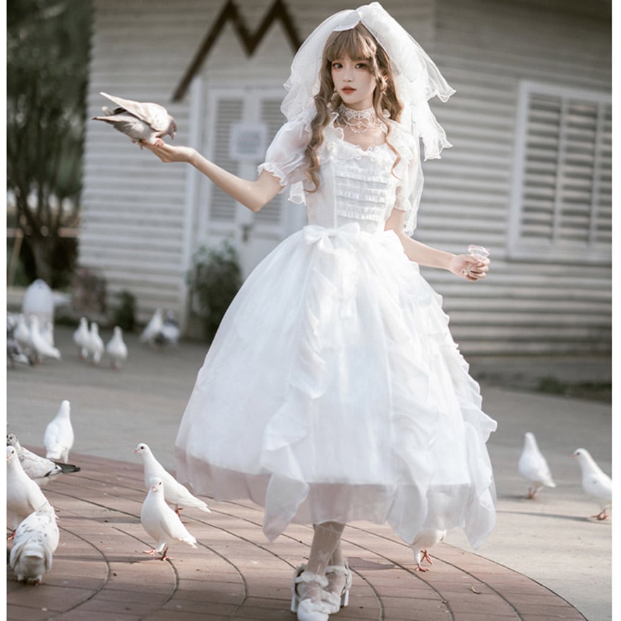 SEASONZ ロングワンピース ドレス レース リボン ホワイト 花嫁風