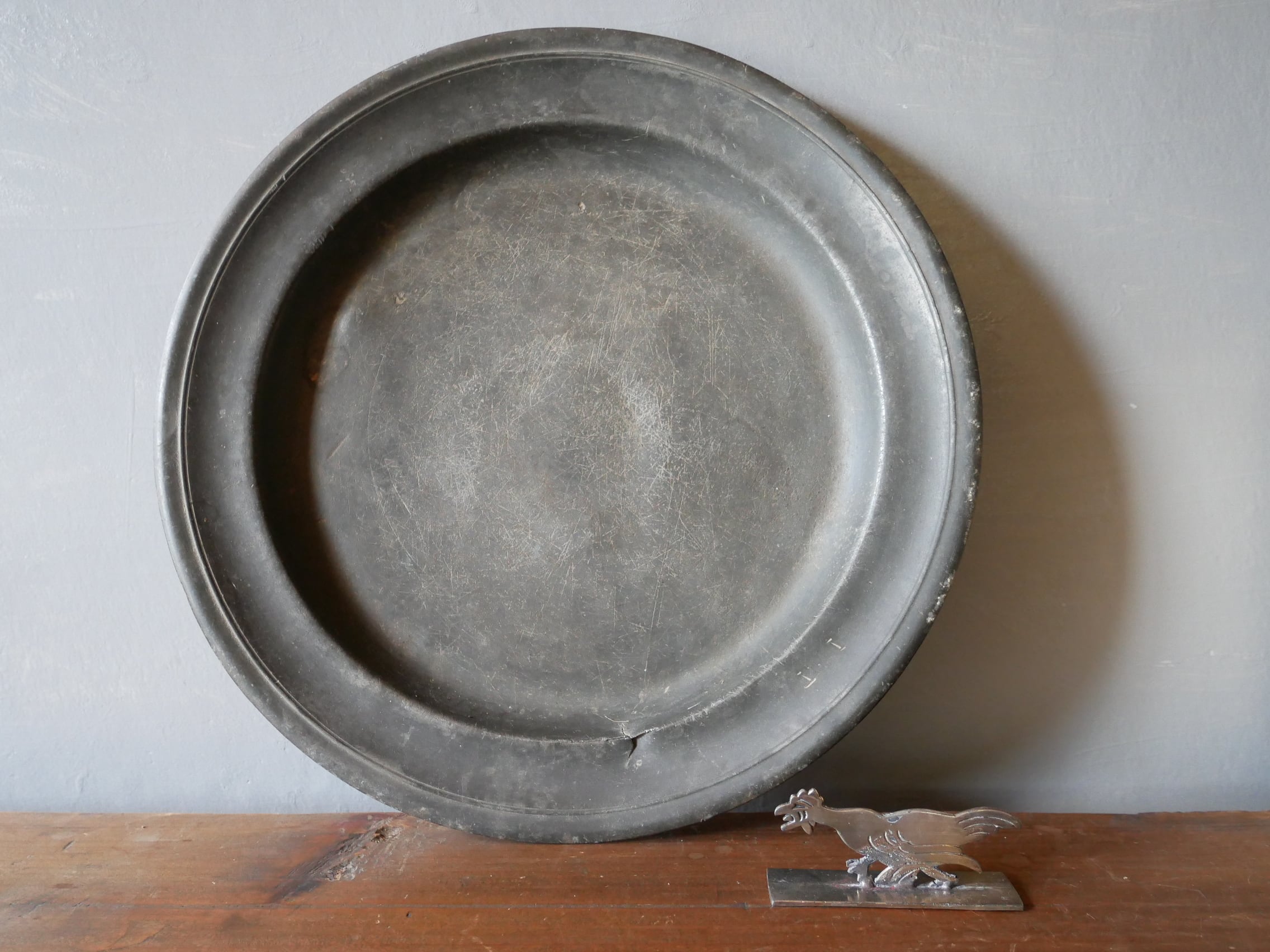 フランスアンティーク ピューター エタン 大きな古いプレート