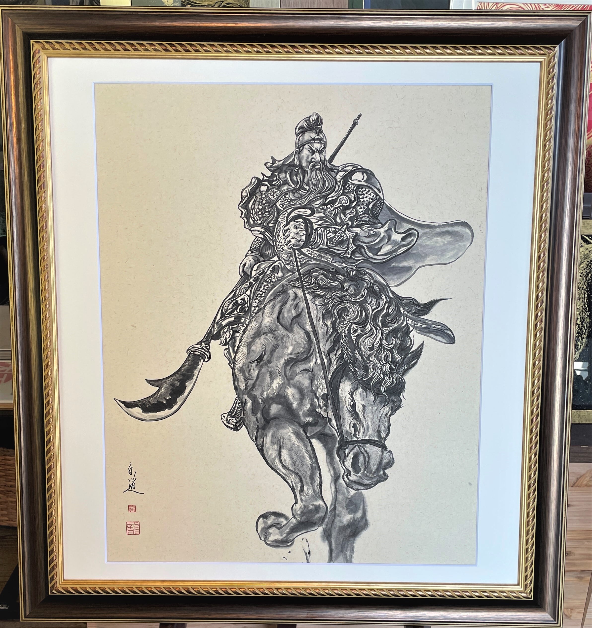 ☆絵師白道☆「関羽・騎乗」墨（直筆作品）真筆証明書付 送料無料