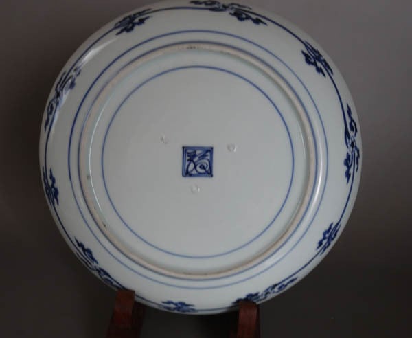 古伊万里 染付 花唐草 粟に鶉文 中皿 藍柿右衛門 江戸中期 渦福 二重角