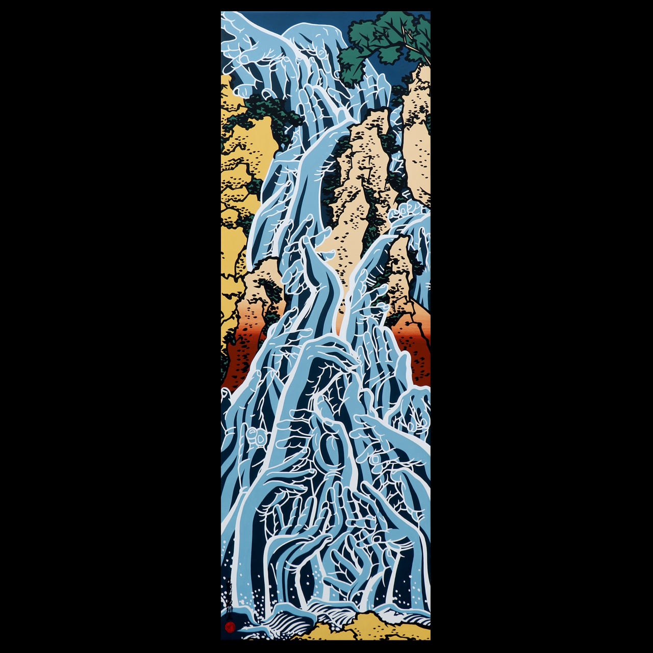 筒描き藍染｜Japanese glue resist dyeing] 三十三応現身瀧図 | 紺仁