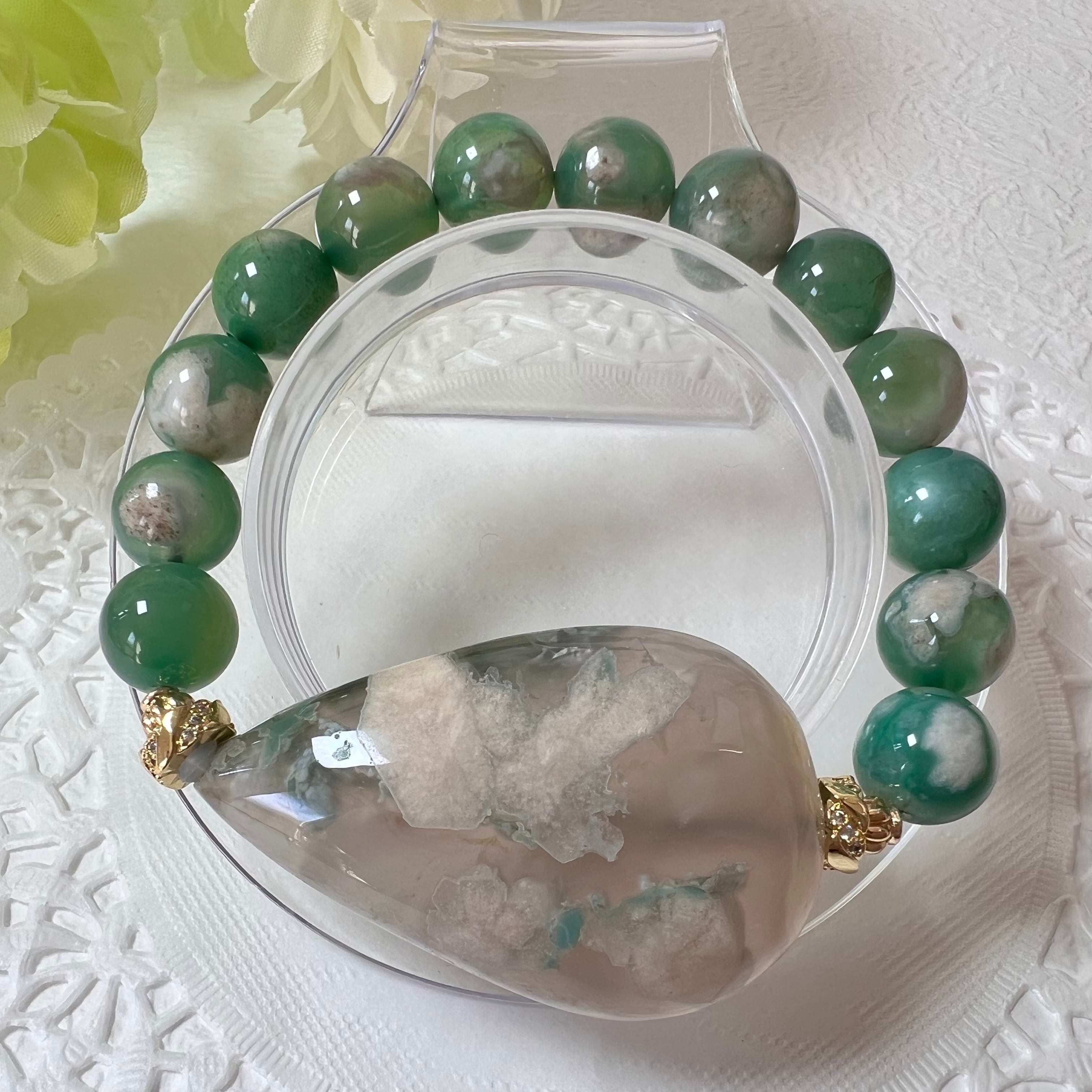 グリーン桜瑪瑙雫ブレスレットしずく①】♥送料無料♥天然石