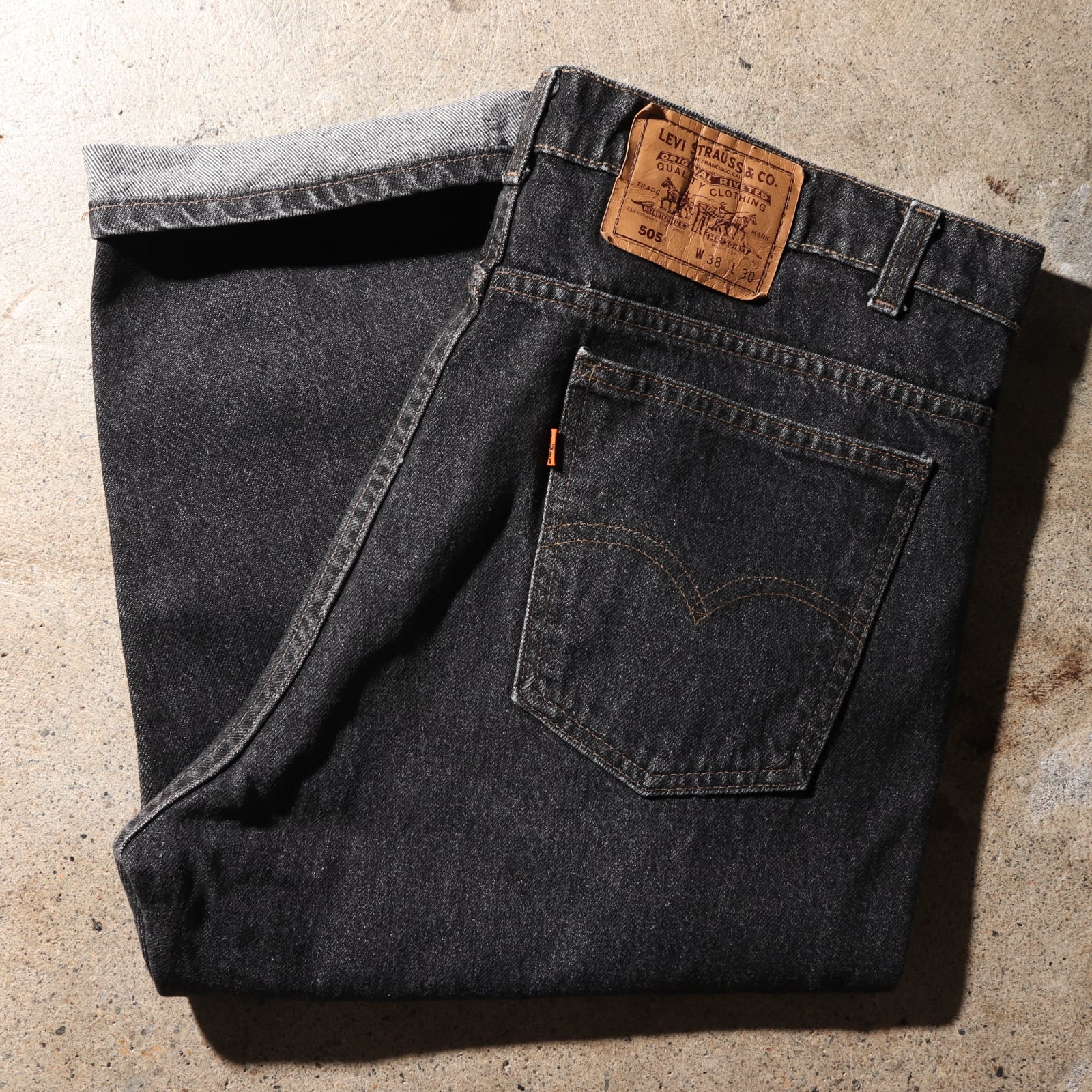 極美品 38×30 Levi's 505 USA 先染め黒 ブラックデニムパンツ オレンジ