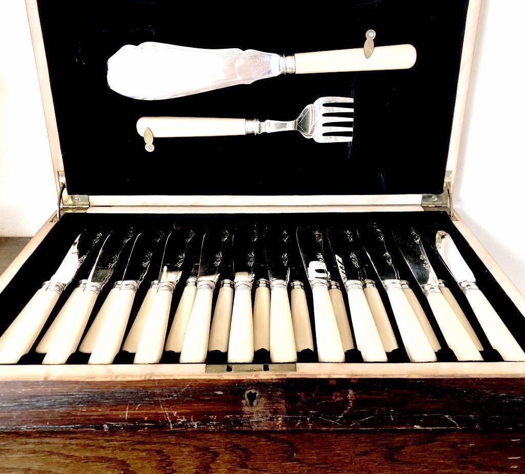 英国アンティーク シルバーp アイボリー フォーク&ナイフ カトラリー