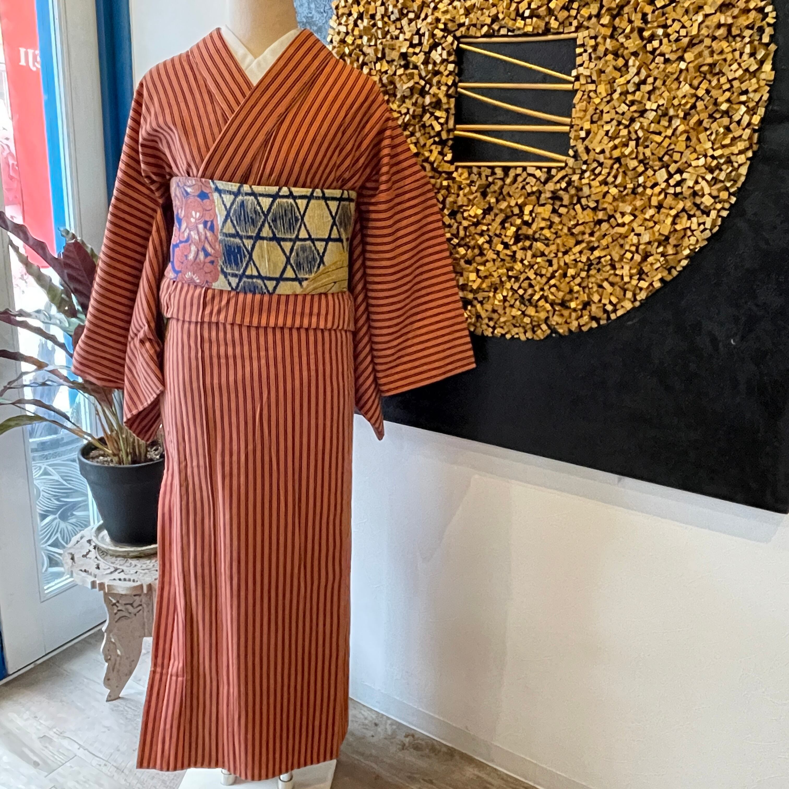 木綿着物 洗える着物 赤系 縞 カジュアル | アンティーク着物 侘びすけ