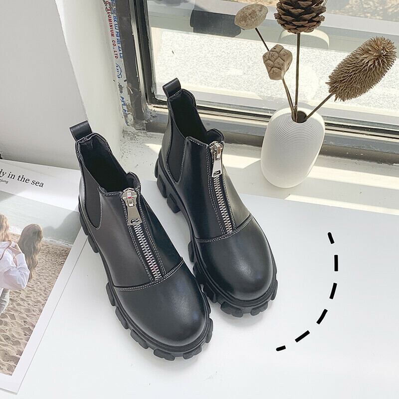 厚底 フロントジップ ブーツ チャック ショートブーツ 靴 エナメル