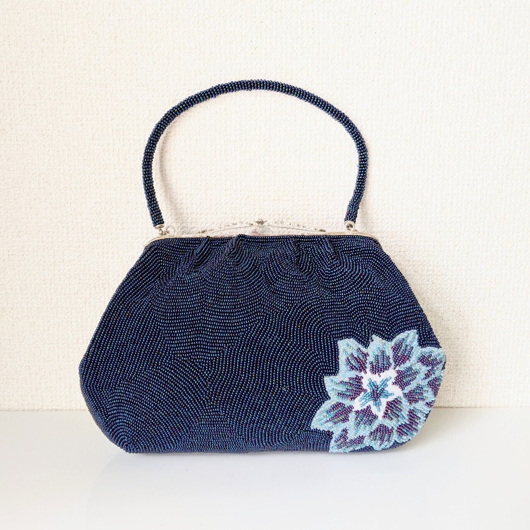 Vintage】ビーズ刺繍バッグ Vintage Beaded Bag 青系 ダリア 花柄