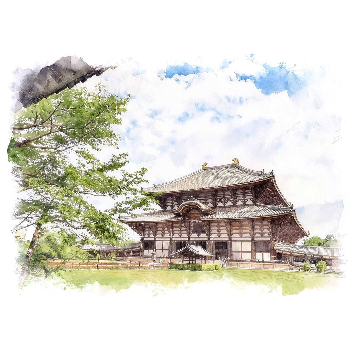 絵画 風景画(街並み) 日本 奈良県 東大寺 インテリアアート額付き