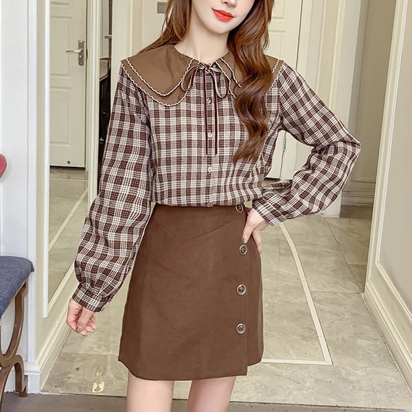全2色 チェック シャツ ブラウス 長袖 セーラー襟 フリル襟 チェック柄