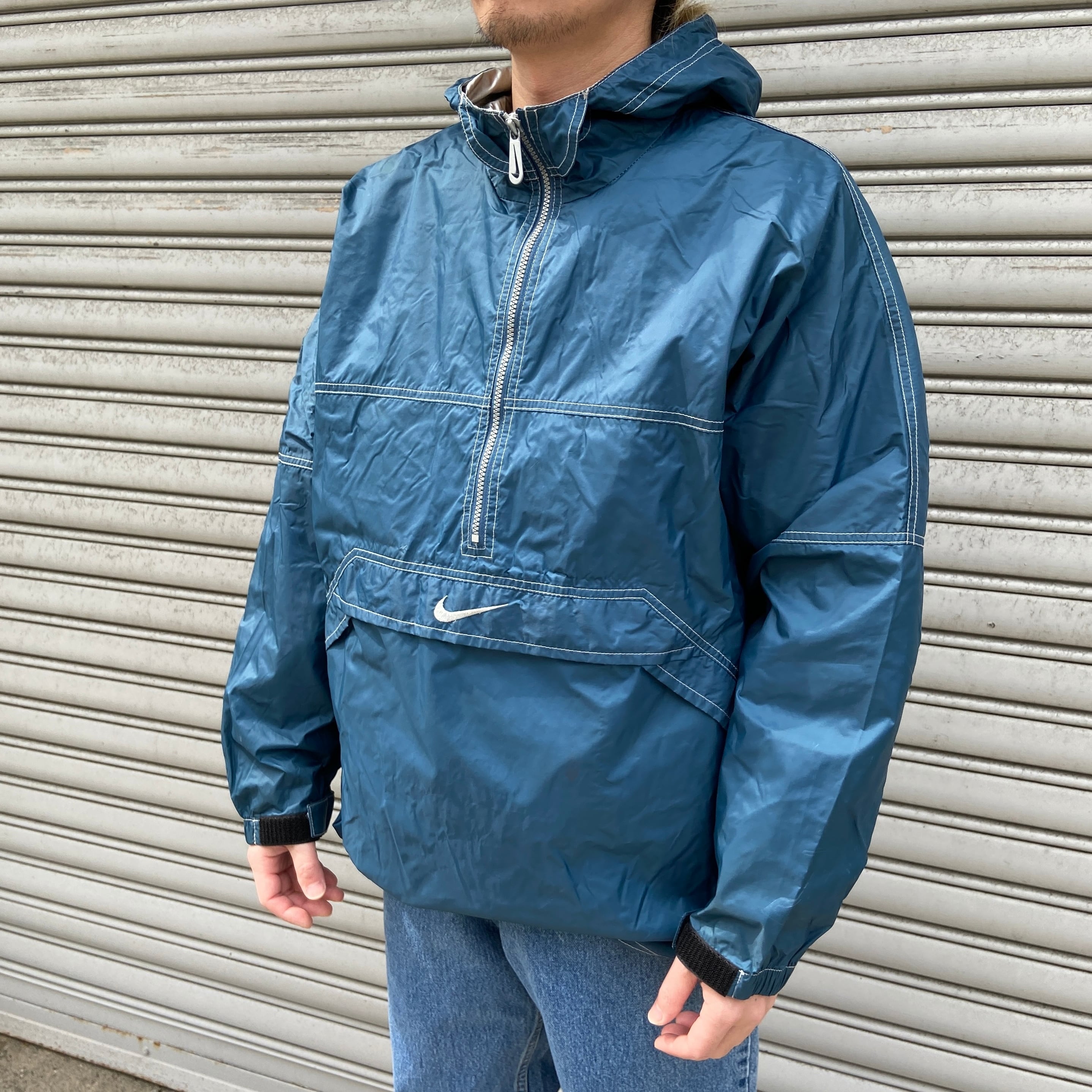 90s NIKE アノラックパーカー ビッグロゴ ゴツナイキブルー系 M | 古着
