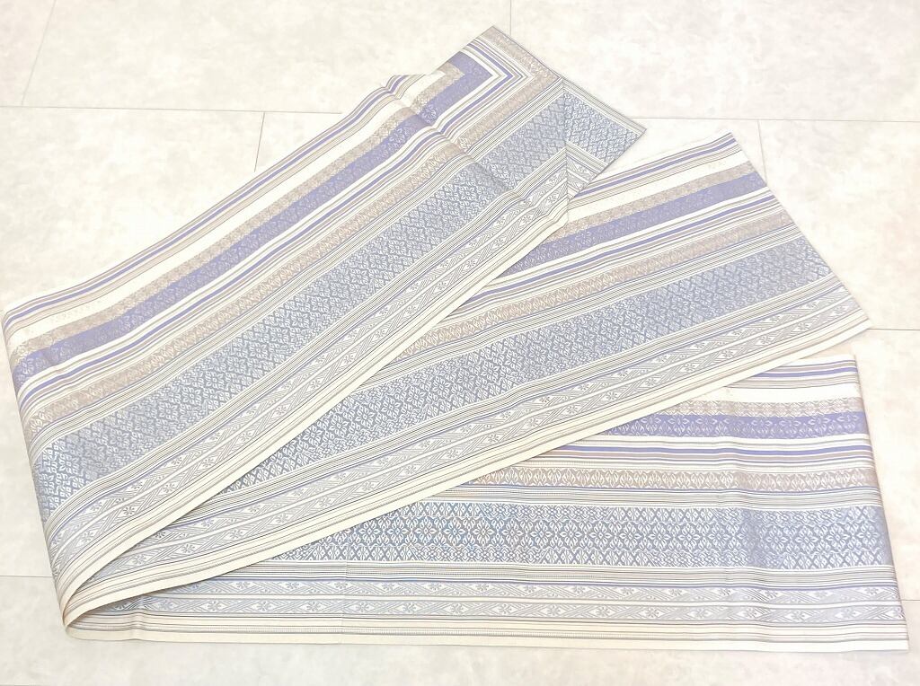 本場筑前 博多織 未使用 黒木織物 名古屋帯 正絹 博多帯 白 紫 水色