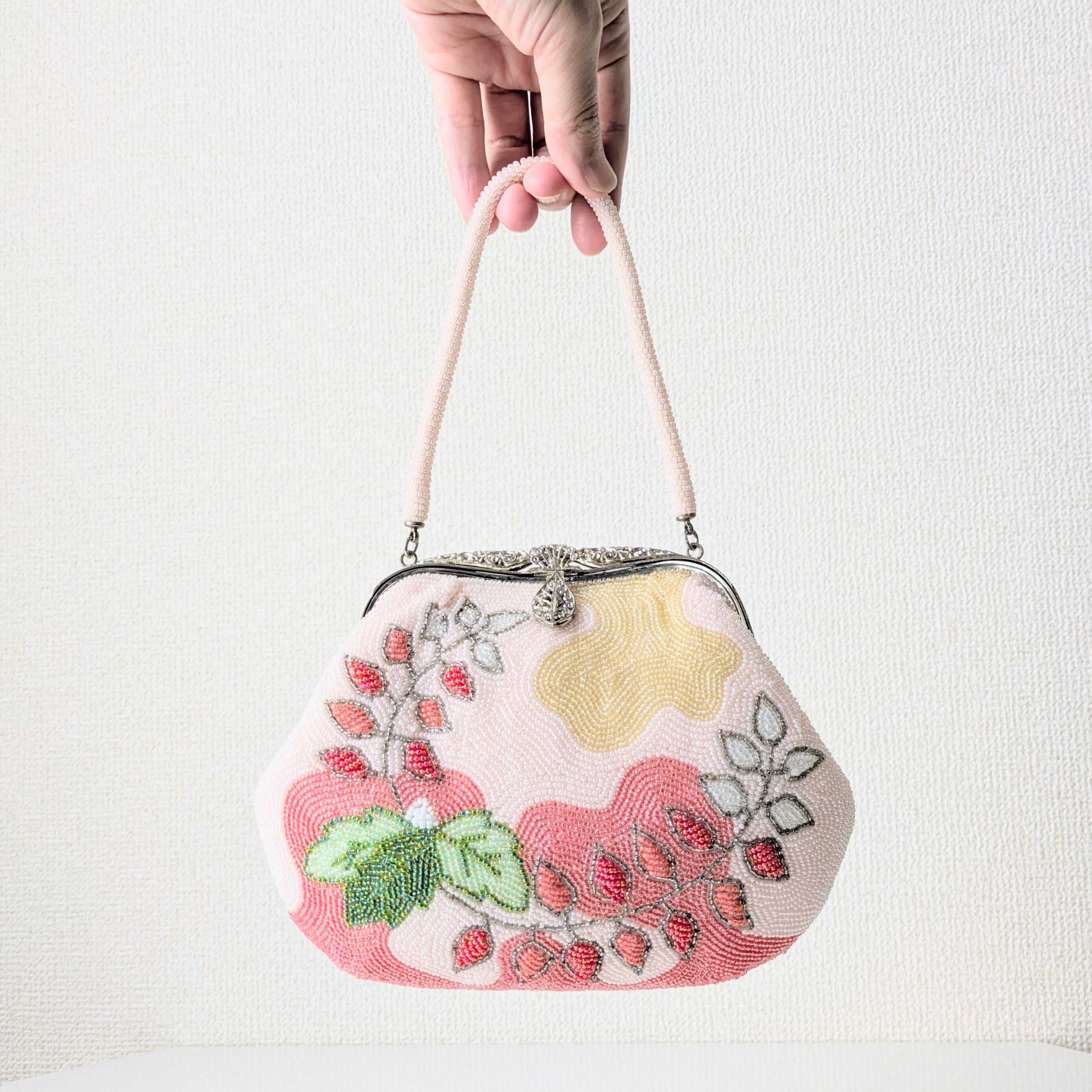 Vintage】ビーズ刺繍バッグ ピンク 藤の花模様 パーティーバッグ 昭和