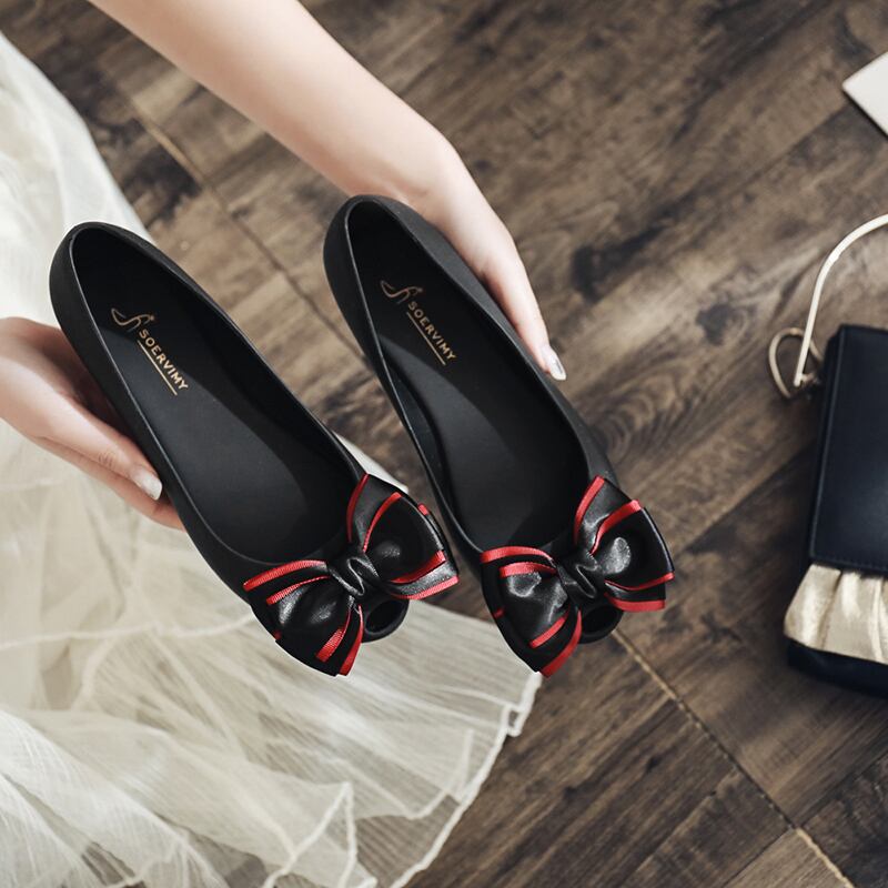 Soervimy】 ラバーパンプス レインシューズ リボン フラット 韓国