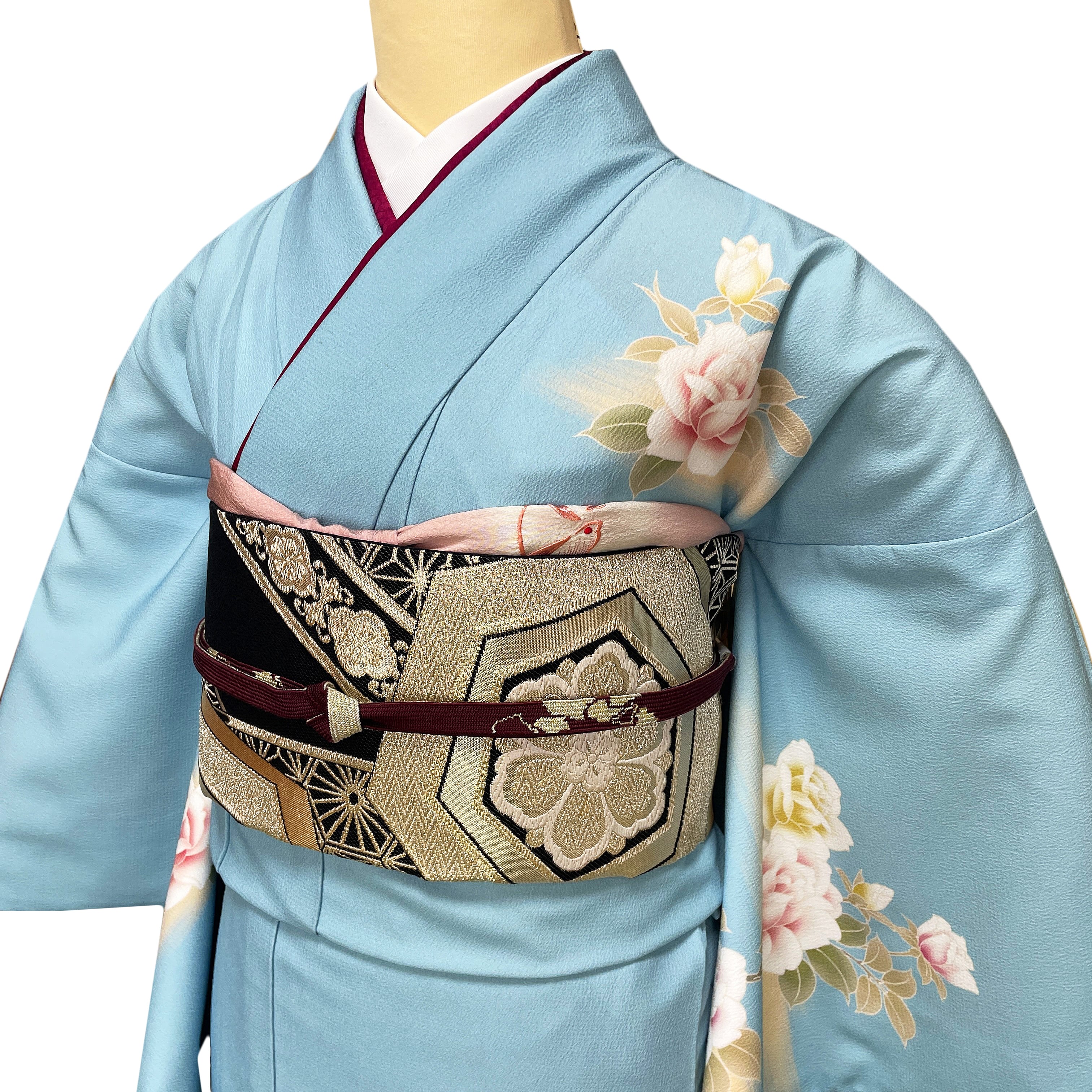 hu8】訪問着レンタル□涼しげな水色地に牡丹の花柄□ブランド「JAPAN