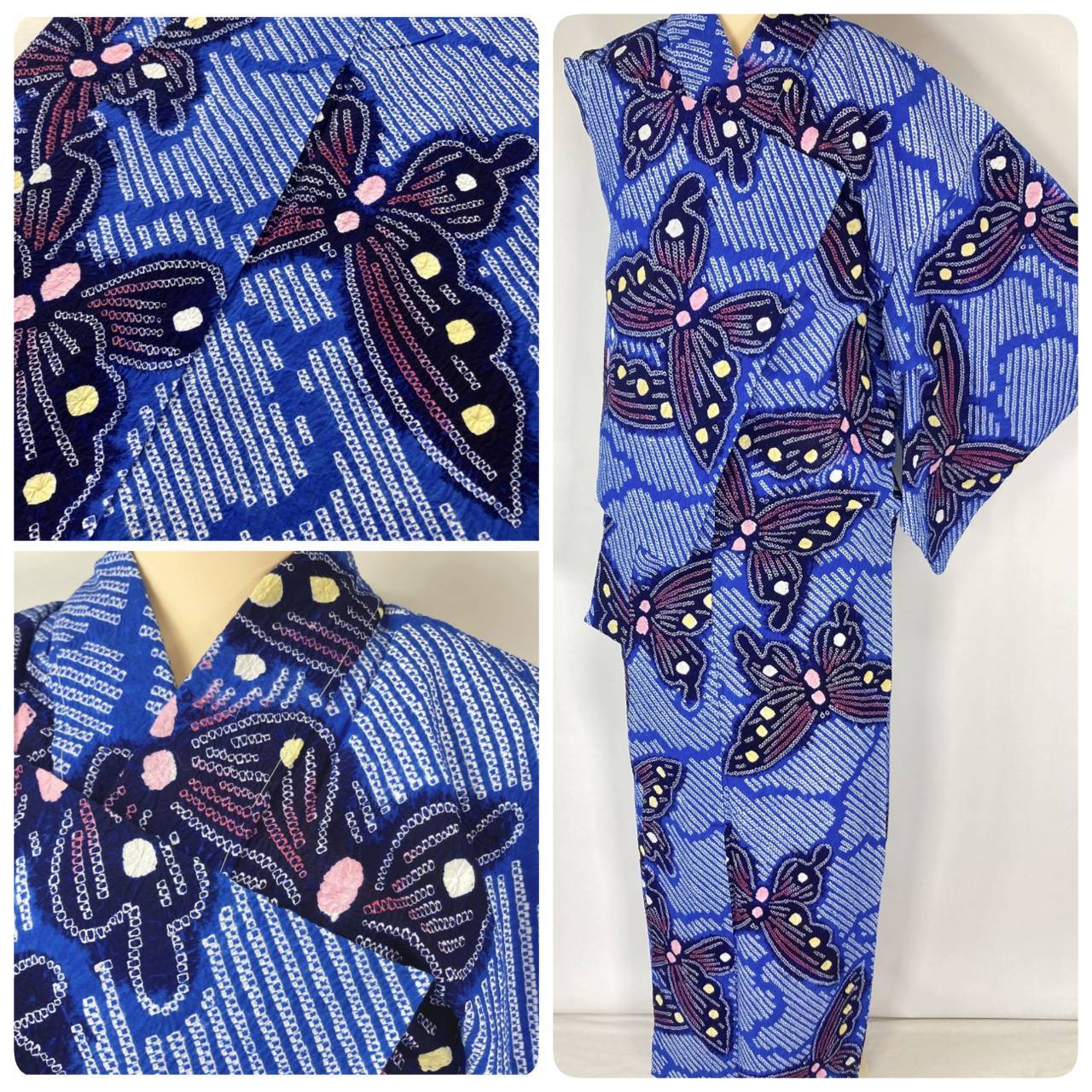 有松絞り【浴衣】未使用 蝶 綿 夏着物 青 赤 黄 ブルー 瑠璃色 101